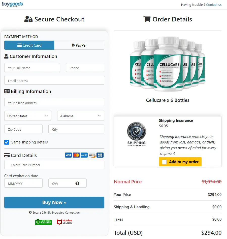 CelluCare order page