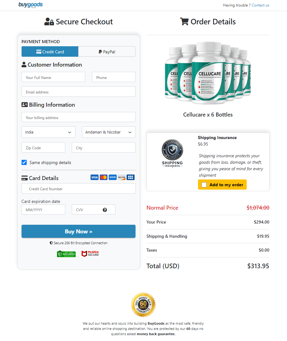 CelluCare secure order checkout page