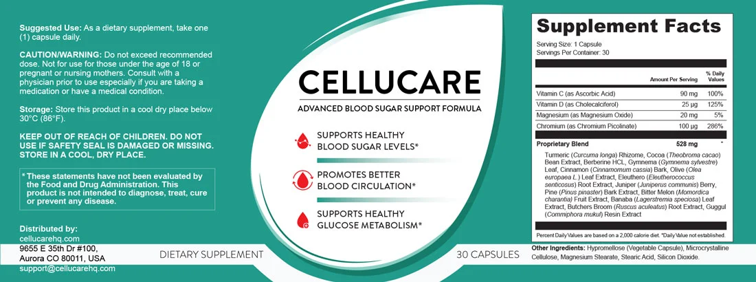 CelluCare Supplement Facts panel and directions
